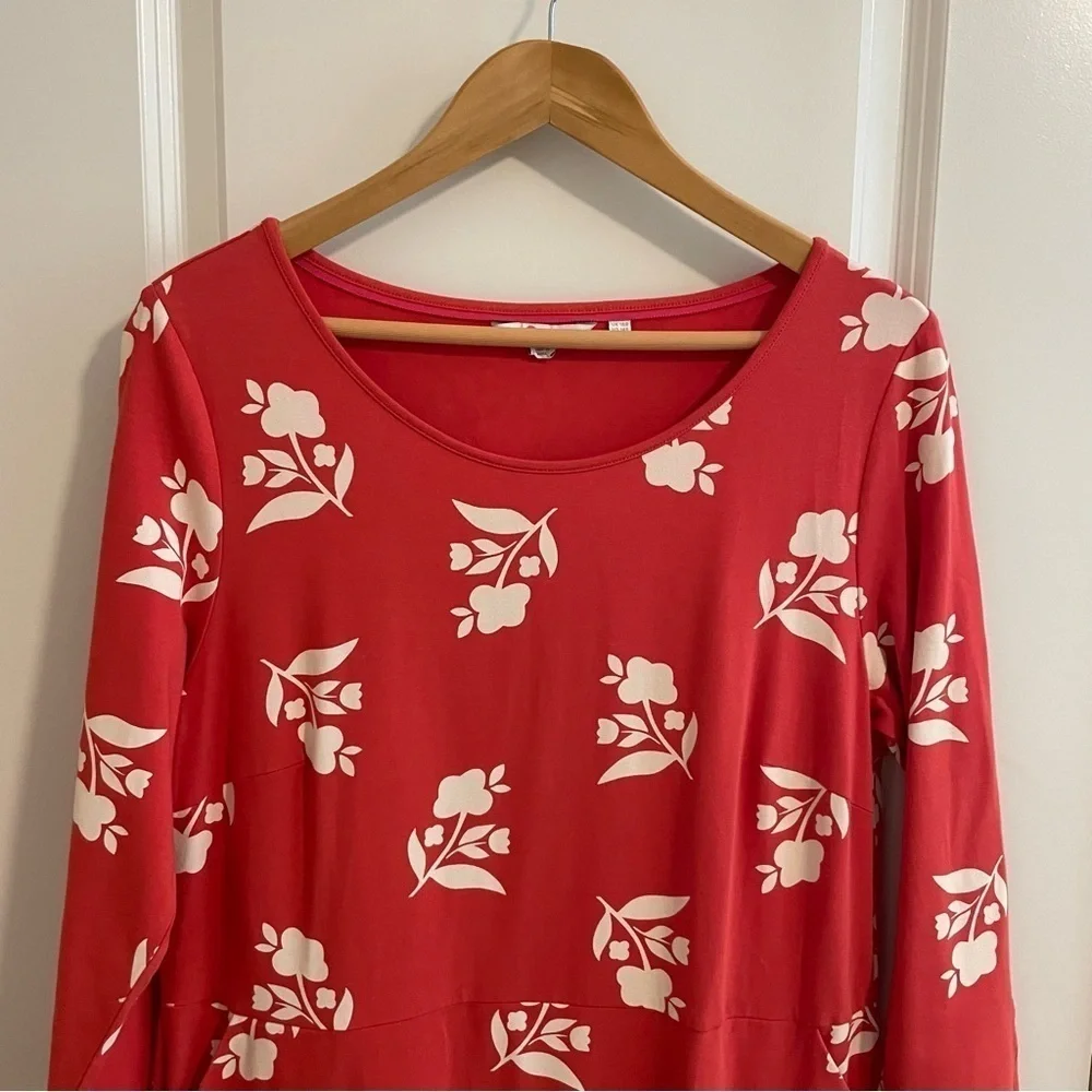 Boden Jessie Jersey Knit Dress Floral Print Coral Red Meadow Motif Size 14